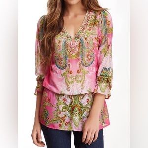 NWOT Mushkaby Sienna Rose beaded trim top—Size small